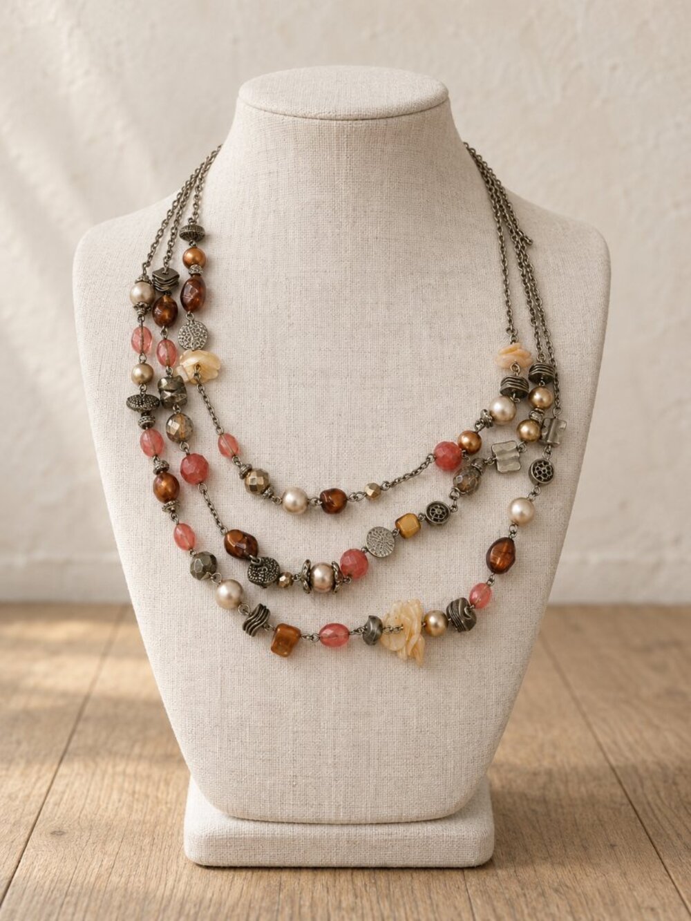 Silver Tone Multi Strand Beaded Statement Necklace Amber Coral Faux Pearl Shell